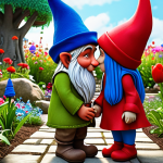 **

A vibrant garden scene with Gnomeo (blue hat) and Juliet (red hat) secretly meeting amidst colorful flowers, with a subtle division between the blue and red gnome territories in the background. Focus on the forbidden love aspect and the garden's magical atmosphere.

**