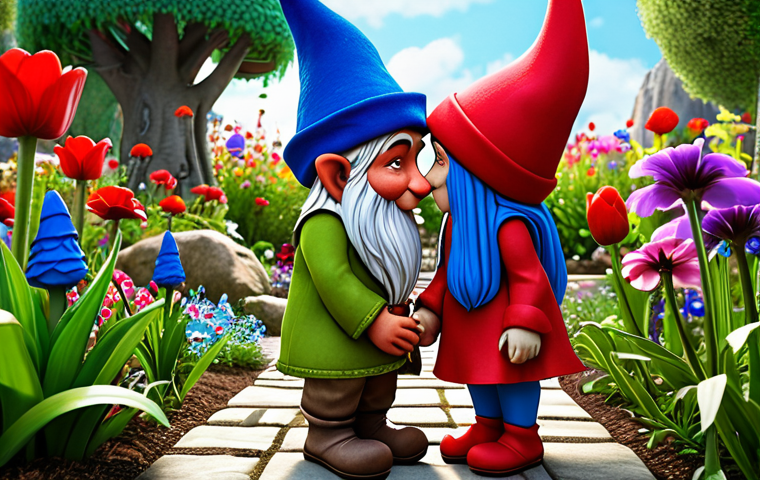 **
A vibrant garden scene with Gnomeo (blue hat) and Juliet (red hat) secretly meeting amidst colorful flowers, with a subtle division between the blue and red gnome territories in the background. Focus on the forbidden love aspect and the garden's magical atmosphere.
**